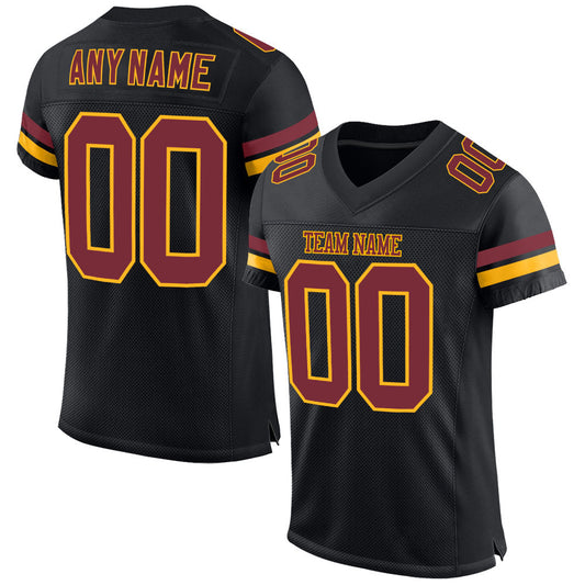 Custom Black Burgundy-gold Mesh Authentic Football Team Jersey