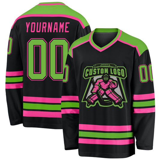 Custom Black Neon Green-pink Hockey Team Jersey