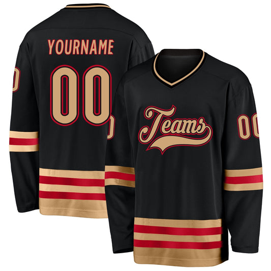 Custom Black Old Gold-red Hockey Team Jersey