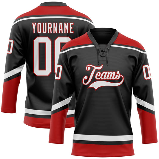 Custom Black White-red Hockey Lace Neck Team Jersey