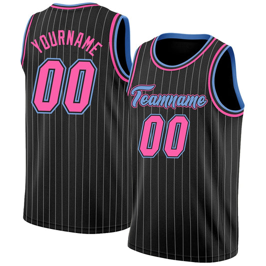 Custom Black White Pinstripe Pink-light Blue Authentic Basketball Team Jersey