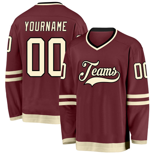 Custom Burgundy Cream-black Hockey Team Jersey