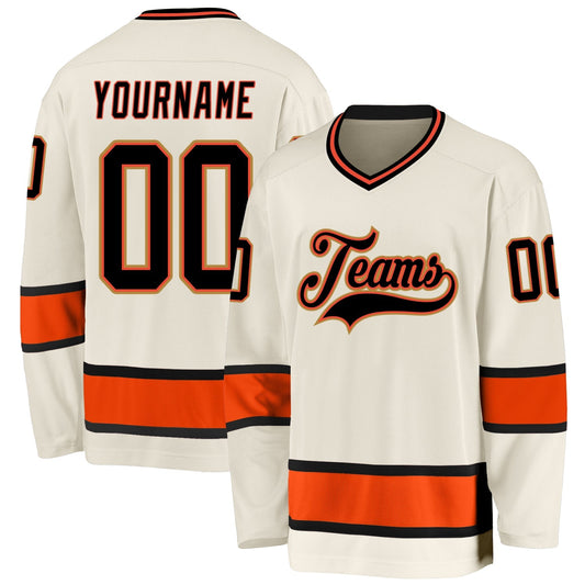 Custom Cream Black-orange Hockey Team Jersey