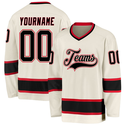 Custom Cream Black-red Hockey Team Jersey