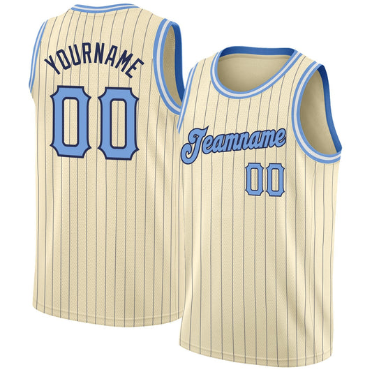 Custom Cream Navy Pinstripe Light Blue-black Authentic Basketball Team Jersey