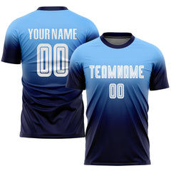 Custom Light Blue White-navy Sublimation Fade Fashion Soccer Uniform Team Jersey
